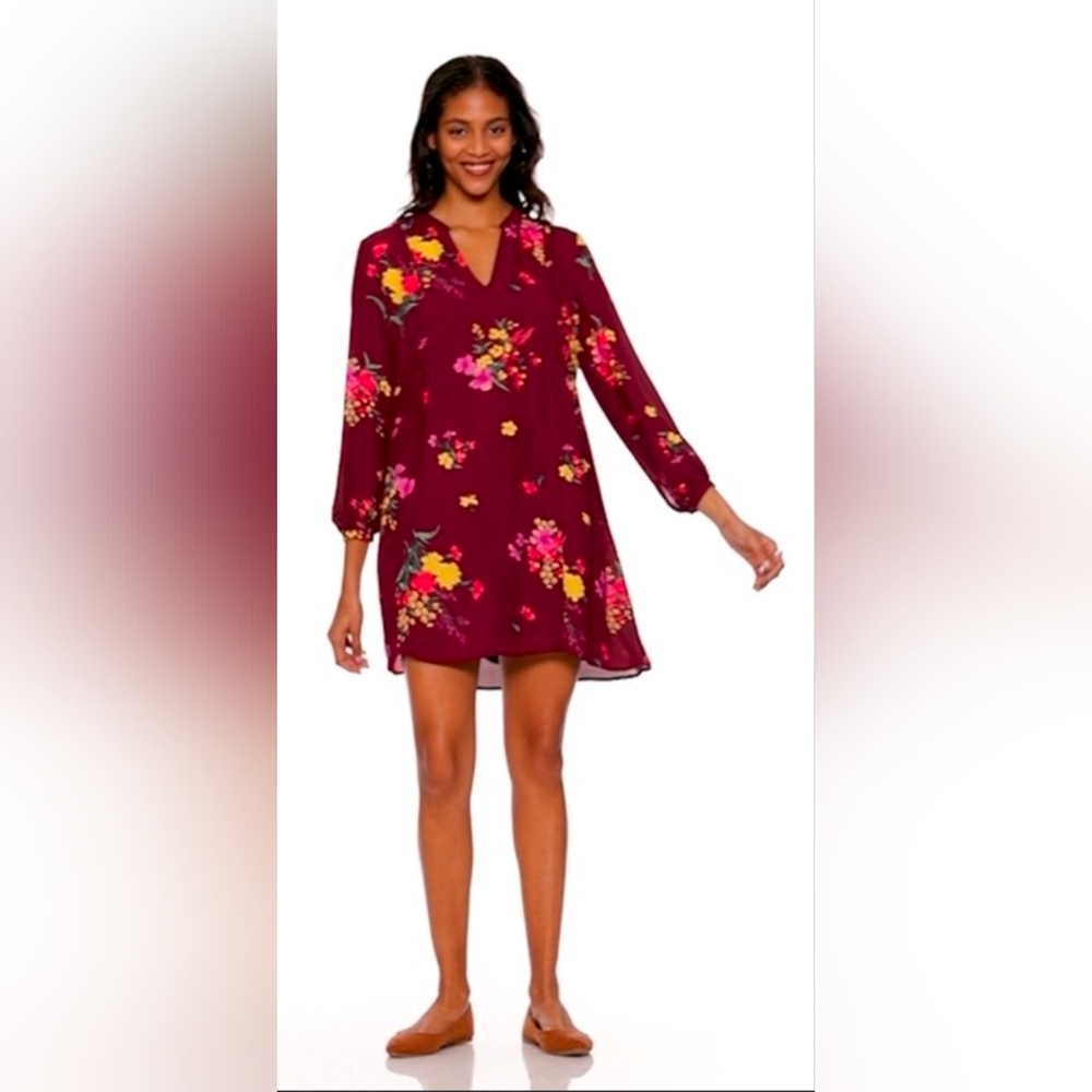 Old Navy Women's Red Floral Georgette V-Neck L/S Mini Swing Dress
